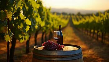 ai generiert Sonnenuntergang Über ein Weinberg, reif Trauben zum Wein machen generiert durch ai foto