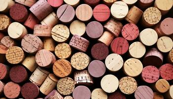 ai generiert gestapelt Holz, alt Kork, multi farbig Wein Flaschen generiert durch ai foto