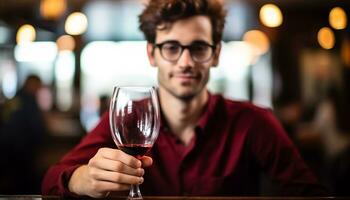 ai generiert lächelnd Männer genießen Wein beim ein Bar generiert durch ai foto