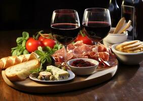 ai generiert Gourmet Mahlzeit auf Holz Tabelle mit Wein generiert durch ai foto