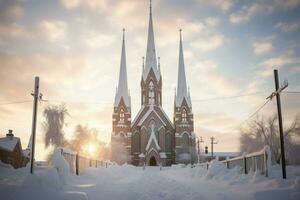 ai generiert Kirche Kirchtürme im Schnee - - generativ ai foto