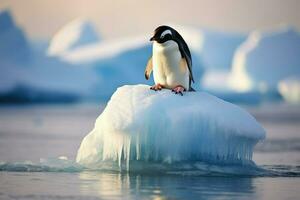 ai generiert Pinguin auf Eis Scholle Antarktis, Pinguin schweben auf das Eis Scholle im das Süd- Ozean im Antarktis. ai generiert foto