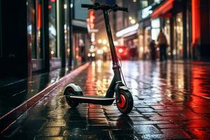 ai generiert elektrisch Roller auf ein Stadt Nacht Straße, elektrisch Roller im das Stadt Landschaft, Stehen auf das Straße, elektrisch Roller im das Stadt, ai generiert foto