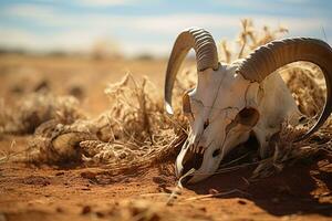 ai generiert Nahansicht von ein Schädel mit Hörner von RAM im das getrocknet Wüste foto