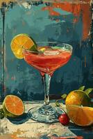 ai generiert Vertikale Illustration von ein Glas von Margarita Cocktail mit Grün Zitronen auf Blau Hintergrund. Jahrgang Öl Gemälde Poster Design foto
