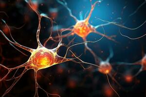 ai generiert Makro Illustration von glühend Gehirn Zellen. Neuron Getriebe Impuls auf verschwommen Hintergrund foto