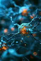 ai generiert Vertikale Makro Illustration von glühend Orange Gehirn Zellen. Neuron Getriebe Impuls auf verschwommen Hintergrund foto