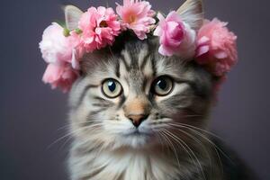 ai generiert Nahansicht Tabby Katze mit Rosa Blumen Krone auf Kopf auf ein grau Hintergrund foto