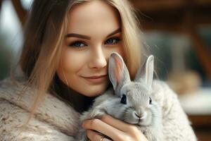 ai generiert Porträt ziemlich jung Frau mit blond Haar umarmen ein flauschige grau Hase foto