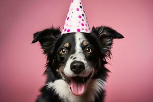 ai generiert glücklich bezaubernd Hund lächelnd im ein Geburtstag Hut auf ein Rosa Hintergrund. Geburtstag Party von Feier komisch Tier Konzept foto