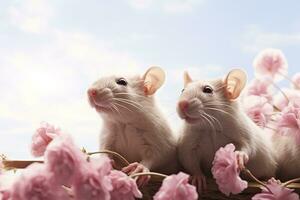 ai generiert Nahansicht zwei süß inländisch Ratten mit Rosa Blumen foto