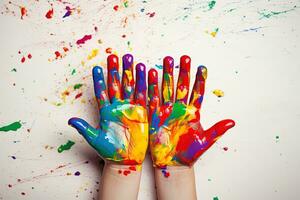ai generiert Kinder- Hände bedeckt mit Farbe beschwingt Farben foto