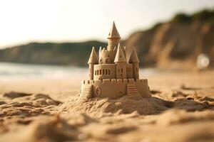 ai generiert schön höchst detailliert Sand Schloss auf das Strand auf ein verschwommen natürlich Hintergrund von ein felsig Ufer foto