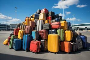 ai generiert enorm Stapel von Hand Gepäck Koffer auf das Flughafen Runway foto