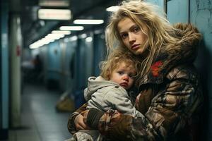 ai generiert Arm obdachlos Frau und Tochter im schmutzig Kleider im ein U-Bahn Bahnhof foto