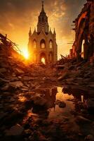 ai generiert Vertikale Bild Landschaft mit ein einsam ruiniert verlassen Kirche beim Sonnenuntergang foto