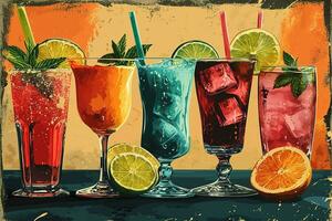 ai generiert Illustration von fünf Brille mit anders Obst Alkohol Cocktails im retro Jahrgang Poster Stil foto