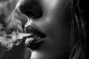 ai generiert Nahansicht von ein weiblich Lippen ausatmen Rauch, schwarz und Weiß noir Fotografie foto