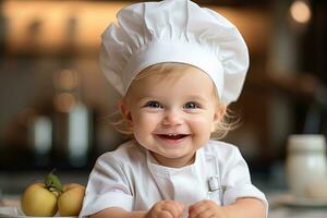 ai generiert lächelnd Baby mit blond Haar im ein Weiß Koch Hut Kochen im Küche auf verschwommen Hintergrund foto