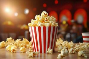 ai generiert Aussicht von 3d Tasse von Kino Popcorn, ein Eimer von Popcorn auf Bokeh Hintergrund . ai generiert foto