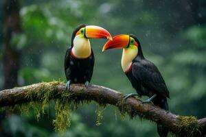 ai generiert zwei Tukane Sitzung auf ein Ast im das Regenwald, Tukan tropisch Vogel Sitzung auf ein Baum Ast im natürlich Tierwelt Umfeld, ai generiert foto