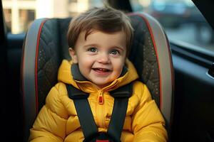 ai generiert glücklich lächelnd wenig Junge Sitzung im Baby Auto Sitz foto