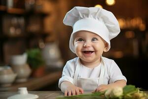 ai generiert glücklich lächelnd Baby im ein Weiß Koch Hut Kochen Gemüse im Küche auf verschwommen Hintergrund foto