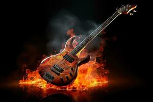 ai generiert ein schräg Lügen Orange Bass Gitarre brennt mit ein heiß Flamme auf ein schwarz Hintergrund. Felsen Metall Punk Hintergrund foto
