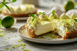 ai generiert Scheibe von Schlüssel Limette Kuchen mit Limette Zitrusschale. generativ ai foto