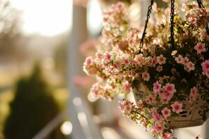 ai generiert hängend Körbe von Blühen Frühling Blumen. generativ ai foto