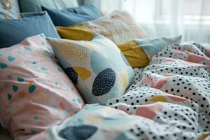 ai generiert Sanft Bettwäsche einstellen mit Kissen im Pastell- Farben. bunt Bett Leinen. generativ ai foto