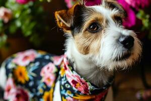 ai generiert Hund tragen ein Bandana im Frühling Garten. generativ ai foto