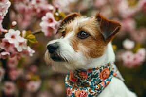 ai generiert Hund tragen ein Bandana im Frühling Garten. generativ ai foto