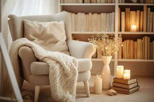 ai generiert lesen Ecke mit ein komfortabel Stuhl und ein Stapel von Bücher. gemütlich Hygge Innere. generativ ai foto