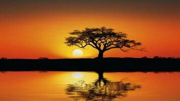 ai generiert Silhouette von Baum gegen Orange Himmel still Schönheit foto