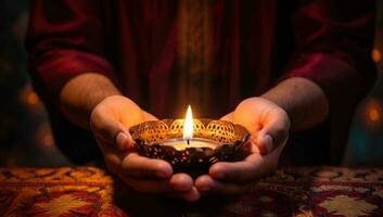 ai generiert Hände von ein Muslim Mann halten ein Verbrennung Kerze im ein Schüssel foto