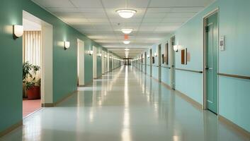 ai generiert Innere von ein leeren Krankenhaus Gang mit Grün Wände und Weiß Fußboden foto