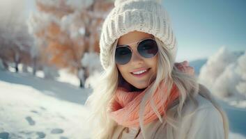 ai generiert Frau genießen schneebedeckt Landschaft im Winter Kleidung foto