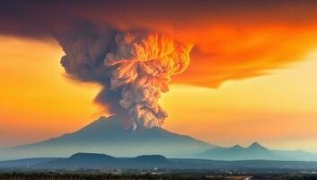 ai generiert vulkanisch Eruption beim Sonnenuntergang. ai generiert. foto