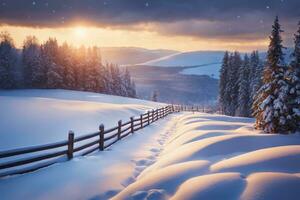 ai generiert ein Winter Wunderland entsteht, geschmückt mit makellos Schnee und silhouettiert Bäume, heiter und Landschaft foto