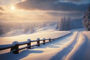 ai generiert ein Winter Wunderland entsteht, geschmückt mit makellos Schnee und silhouettiert Bäume, heiter und Landschaft foto