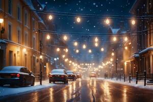 ai generiert glühend Schneefall Schauspiel festlich Stadt Beleuchtung beim Nacht foto