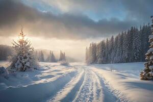 ai generiert ein Winter Wunderland entsteht, geschmückt mit makellos Schnee und silhouettiert Bäume, heiter und Landschaft foto