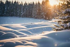 ai generiert ein Winter Wunderland entsteht, geschmückt mit makellos Schnee und silhouettiert Bäume, heiter und Landschaft foto