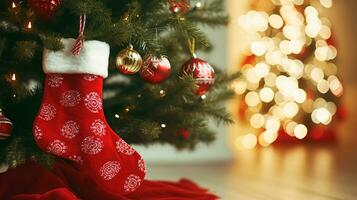 ai generiert abstrakt Weihnachten Hintergrund, Socken und Baum, Licht Kreise, Geschenke, auf das Stimmung zum feiern foto