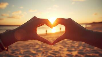 ai generiert Hand halten ein gestalten Herz von das Liebhaber mit Sonnenlicht Hintergrund beim das Meer. Liebe auf Valentinstag 'S Tag oder Hochzeit. es drückt aus Ihre Liebe und Pflege zum Ihre jemand Besondere zu Du. foto