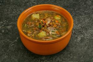 Linsensuppe mit Hühnerfleisch und Gemüse foto