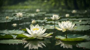 ai generiert Weiß Lotus Blumen im das Wasser foto