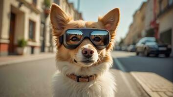 ai generiert süß Hund tragen virtuell Wirklichkeit Brille auf das Straße foto
