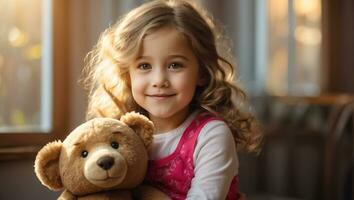 ai generiert Porträt von ein wenig Mädchen mit ein Teddy Bär im das Zimmer foto